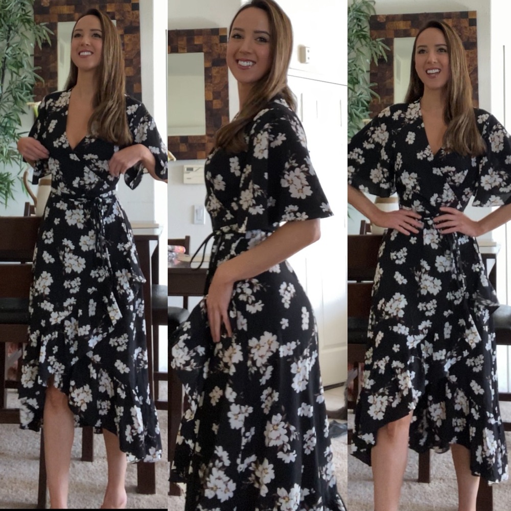 S Black & White Floral Print Wrap Dress
